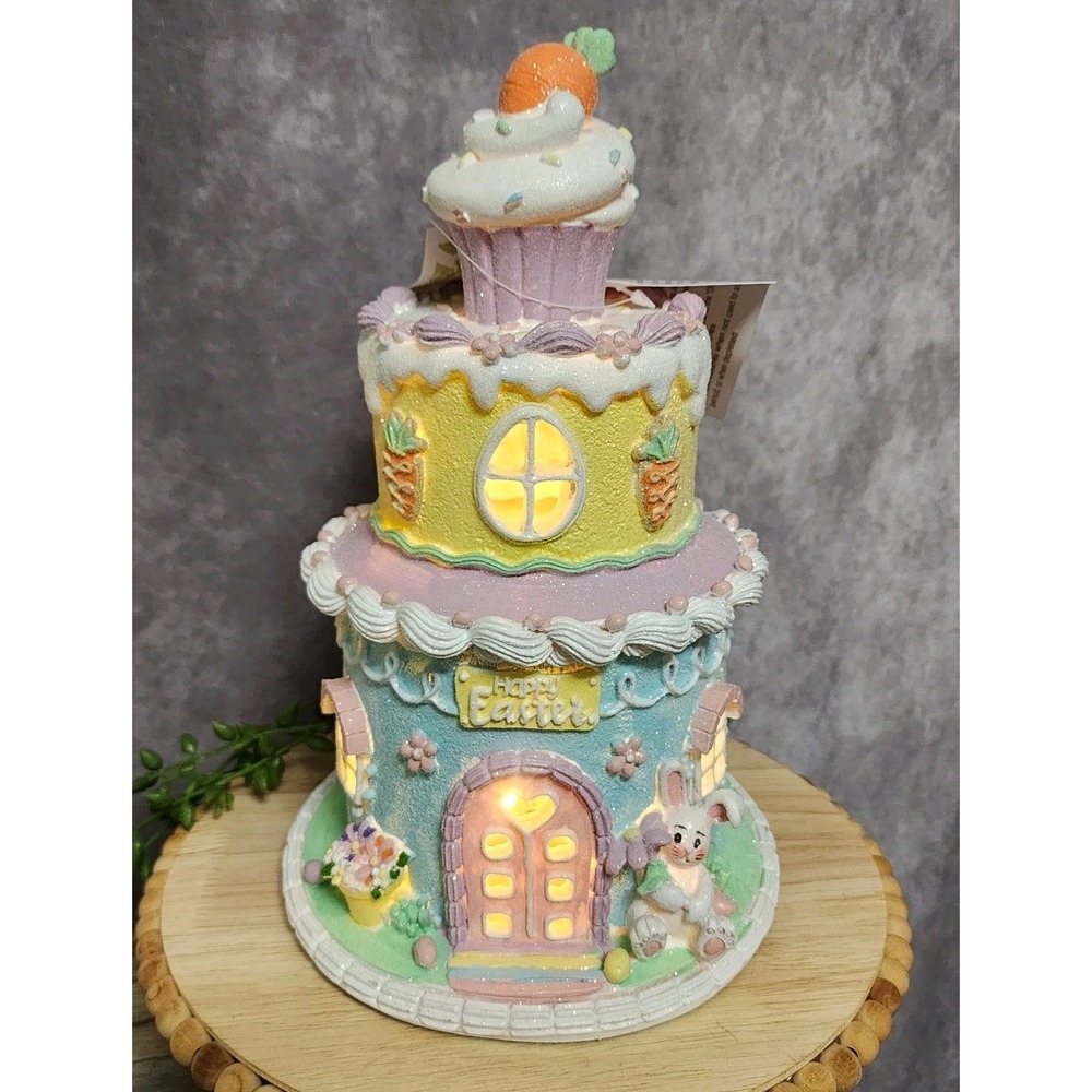 Easter Cake Cupcake Gingerbread House Bunny Carrot LIGHT UP Tabletop Decor 10.5"
